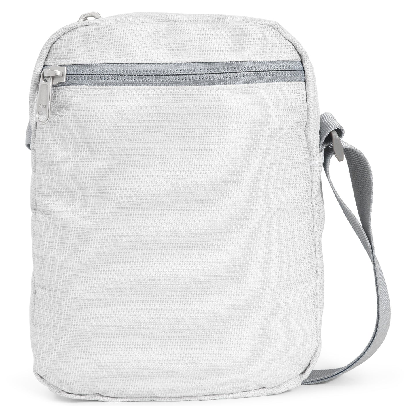 Small, light gray, crossbody bag with a top zipper and a gray shoulder strap.