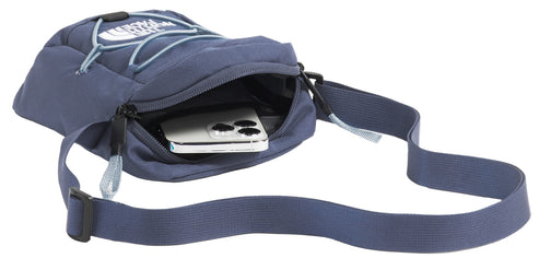 A small blue messenger bag with a cellphone inside.