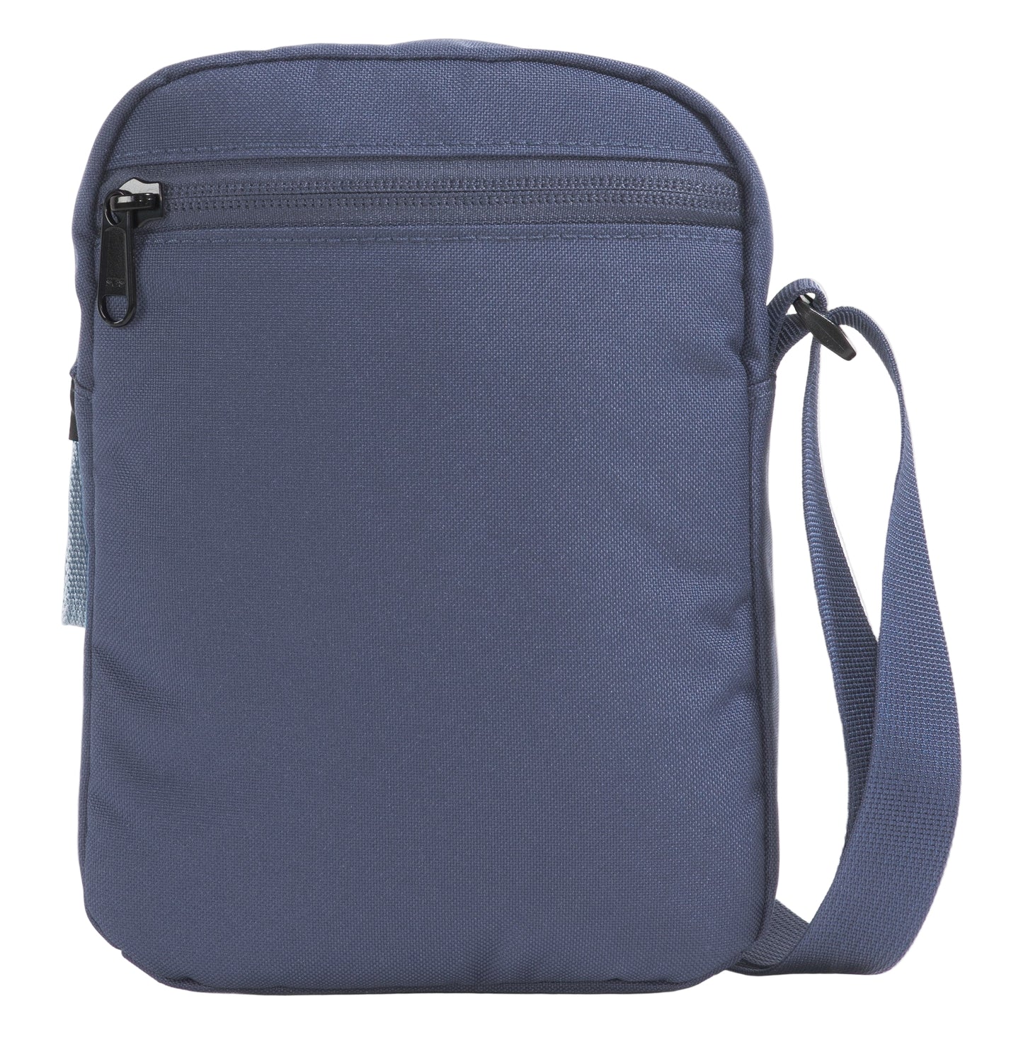 Close-up of a blue nylon rectangular shoulder bag with a zippered pocket on top, and a woven adjustable shoulder strap on the right.