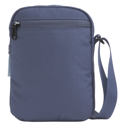 Close-up of a blue nylon rectangular shoulder bag with a zippered pocket on top, and a woven adjustable shoulder strap on the right.
