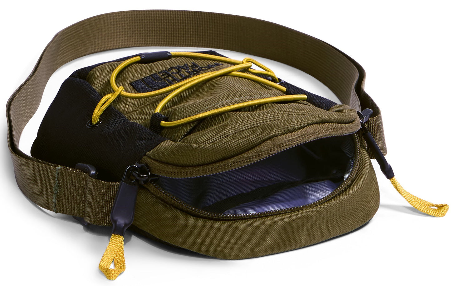 An olive green and black zippered crossbody bag with a yellow bungee cord on the front, featuring a visible logo on the top flap.