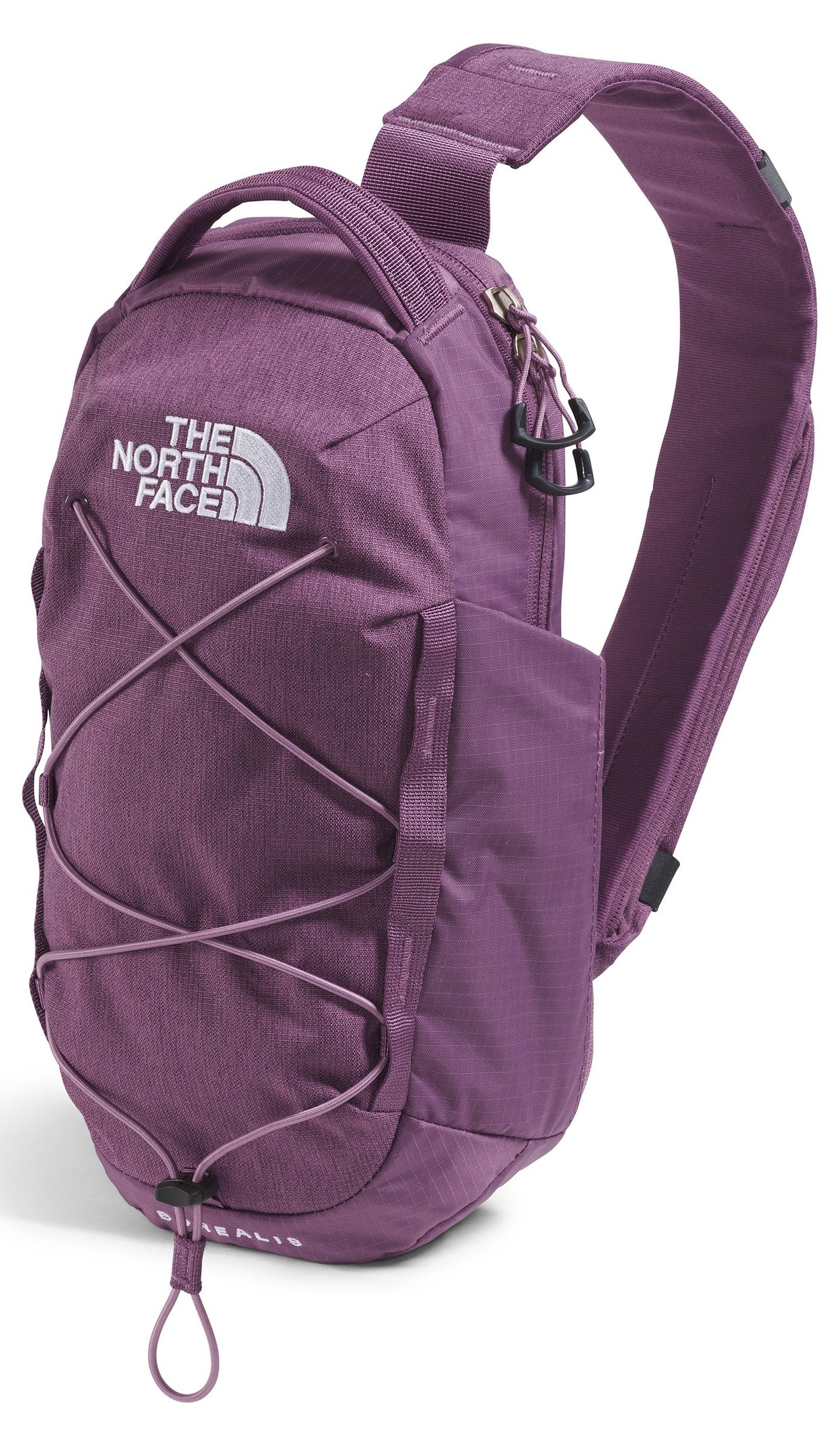 Purple sling pack with white text, front bungee cord and top handle.