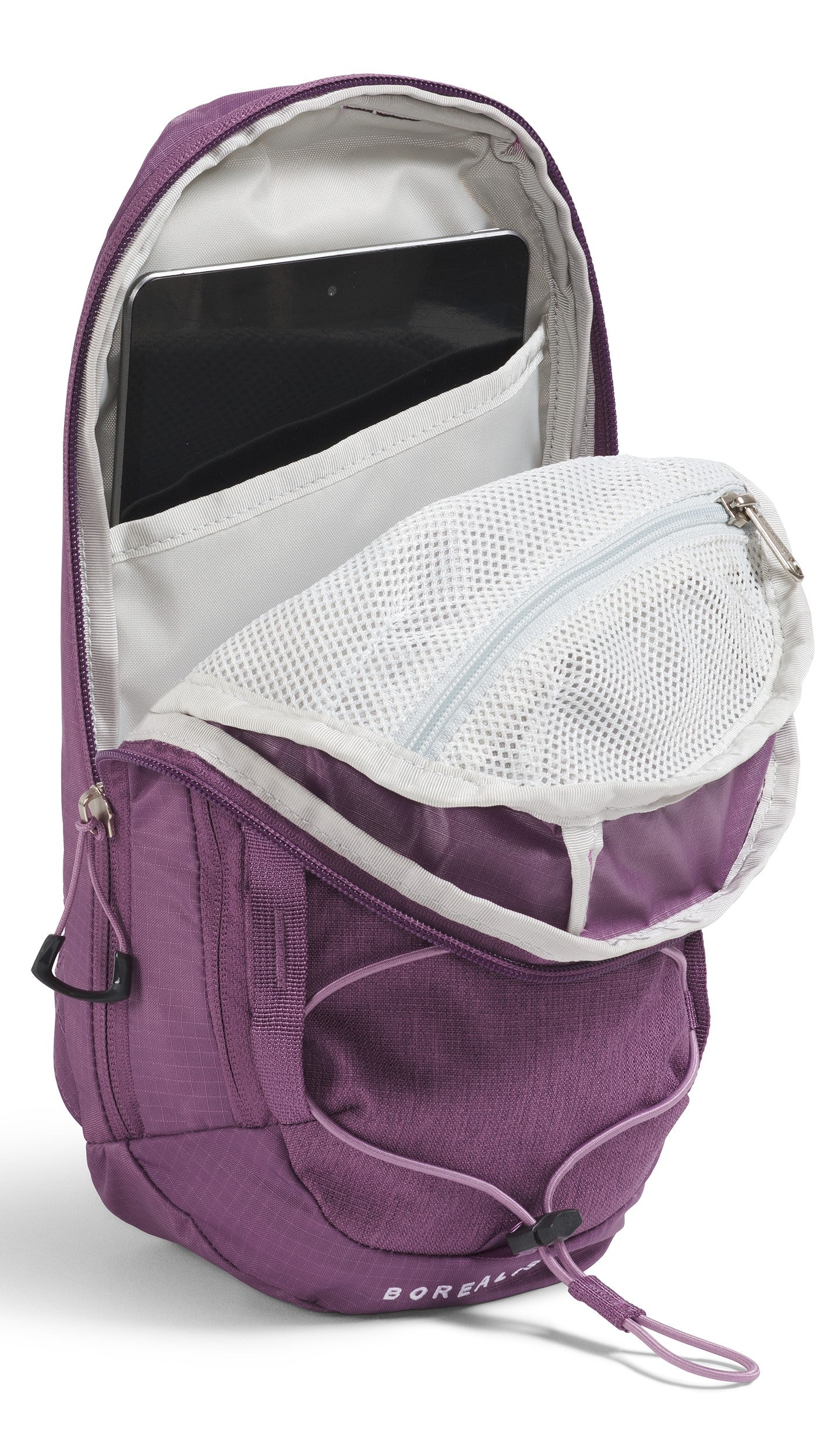 Open purple backpack with tablet inside and mesh pocket visible.