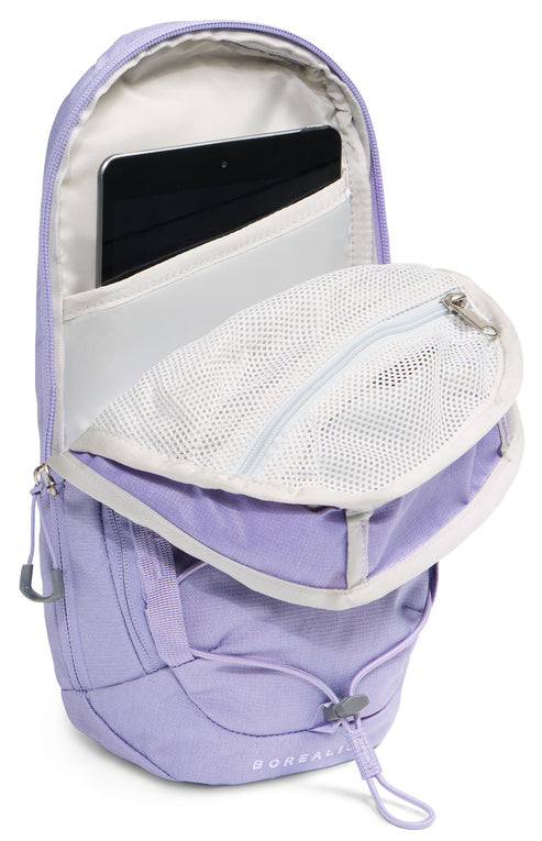 A light purple backpack with a main compartment open to show an internal sleeve holding a tablet, and a smaller front pocket with an open white mesh zippered organizer, all on a white background.