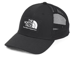 Black trucker hat with mesh back, featuring a white patch with black text and logo stating "THE NORTH FACE Fine Alpine Equipment".