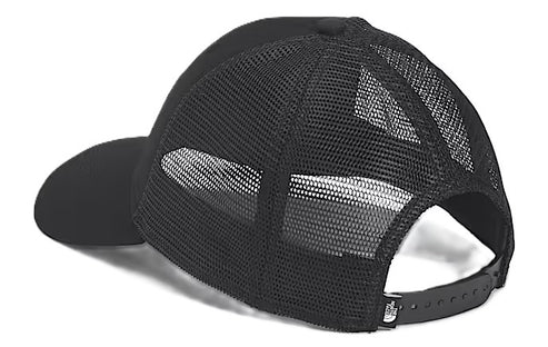 Black trucker hat with mesh back and adjustable strap.
