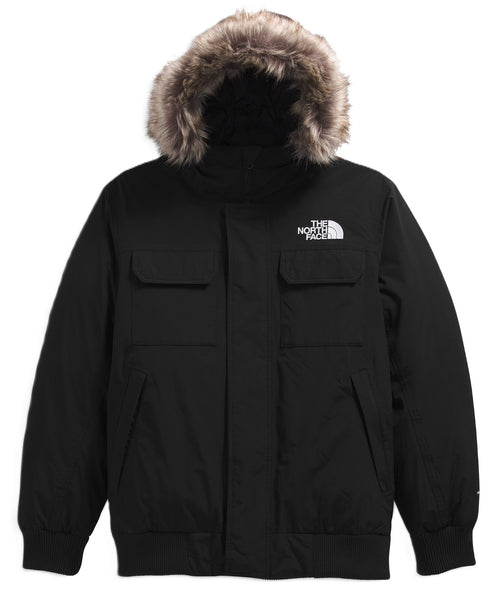 Black bomber jacket with fur lined hood, two chest pockets, and two hand pockets.