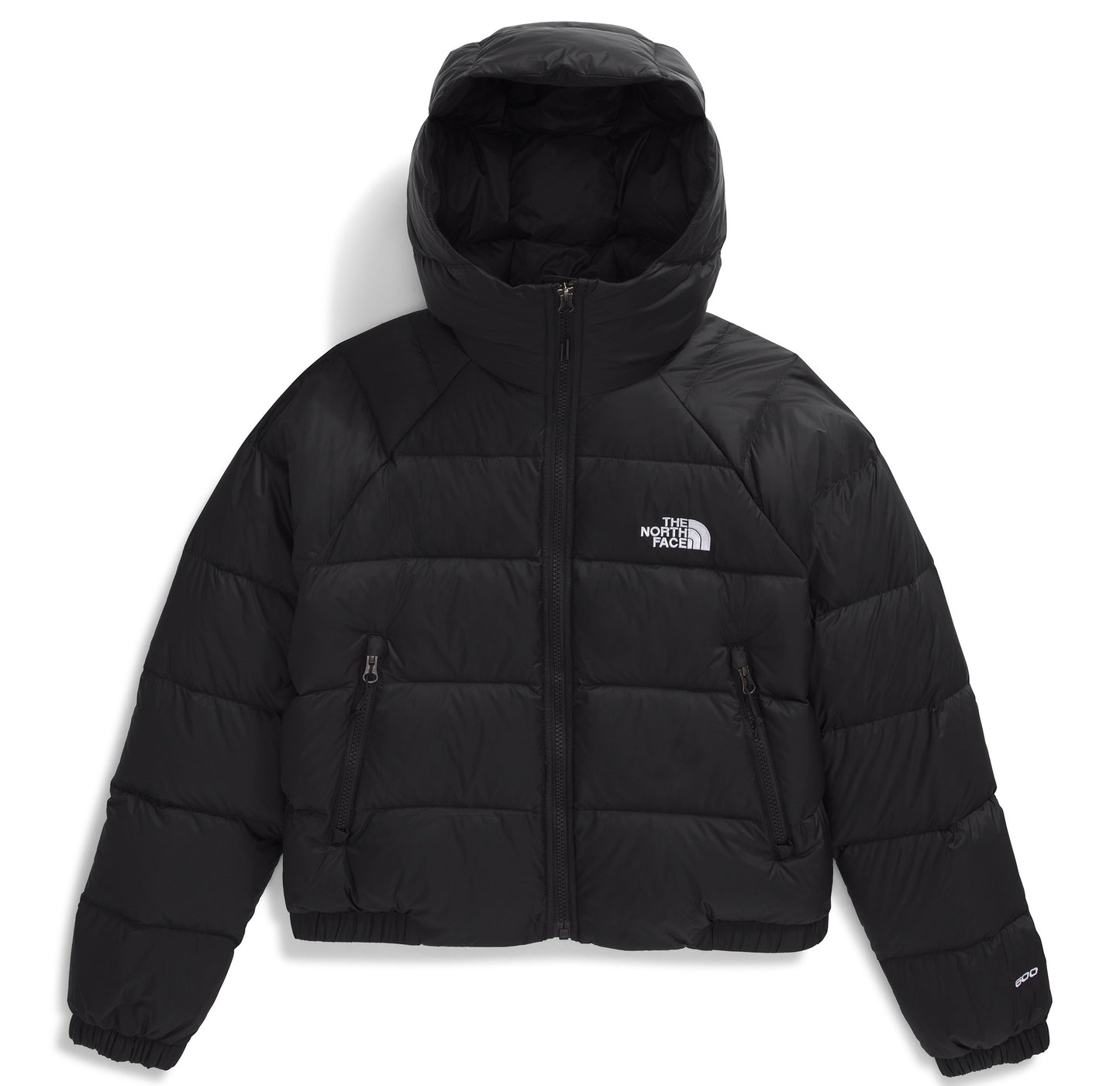 A black hooded down jacket with horizontal baffles, a full front zipper, two side zip pockets, and the brand logo on the upper left chest.