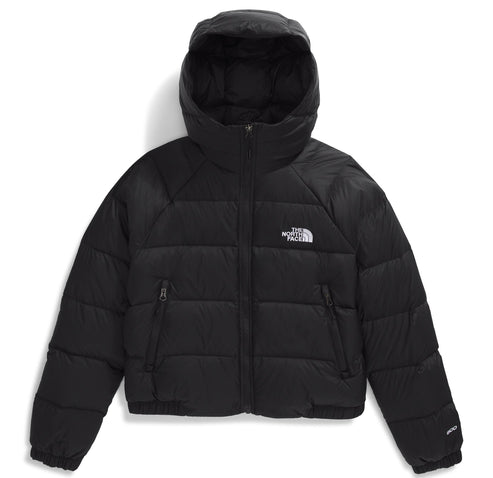 A black hooded down jacket with horizontal baffles, a full front zipper, two side zip pockets, and the brand logo on the upper left chest.
