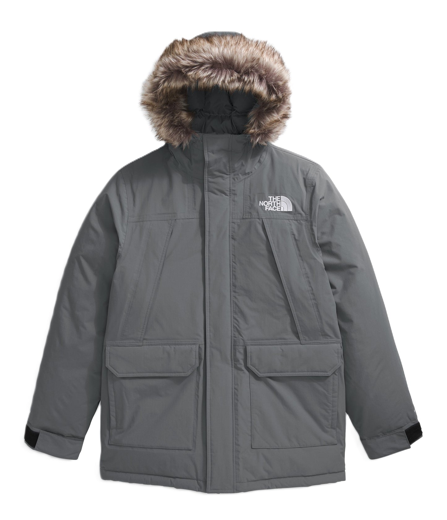 Gray winter parka with fur-trimmed hood, chest and large front pockets, and logo.
