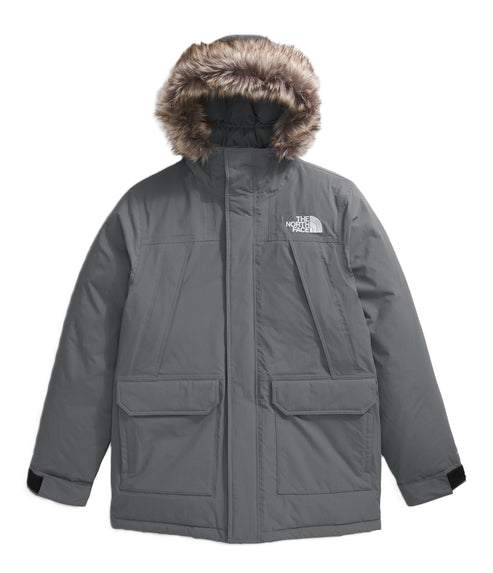 Gray winter parka with fur-trimmed hood, chest and large front pockets, and logo.