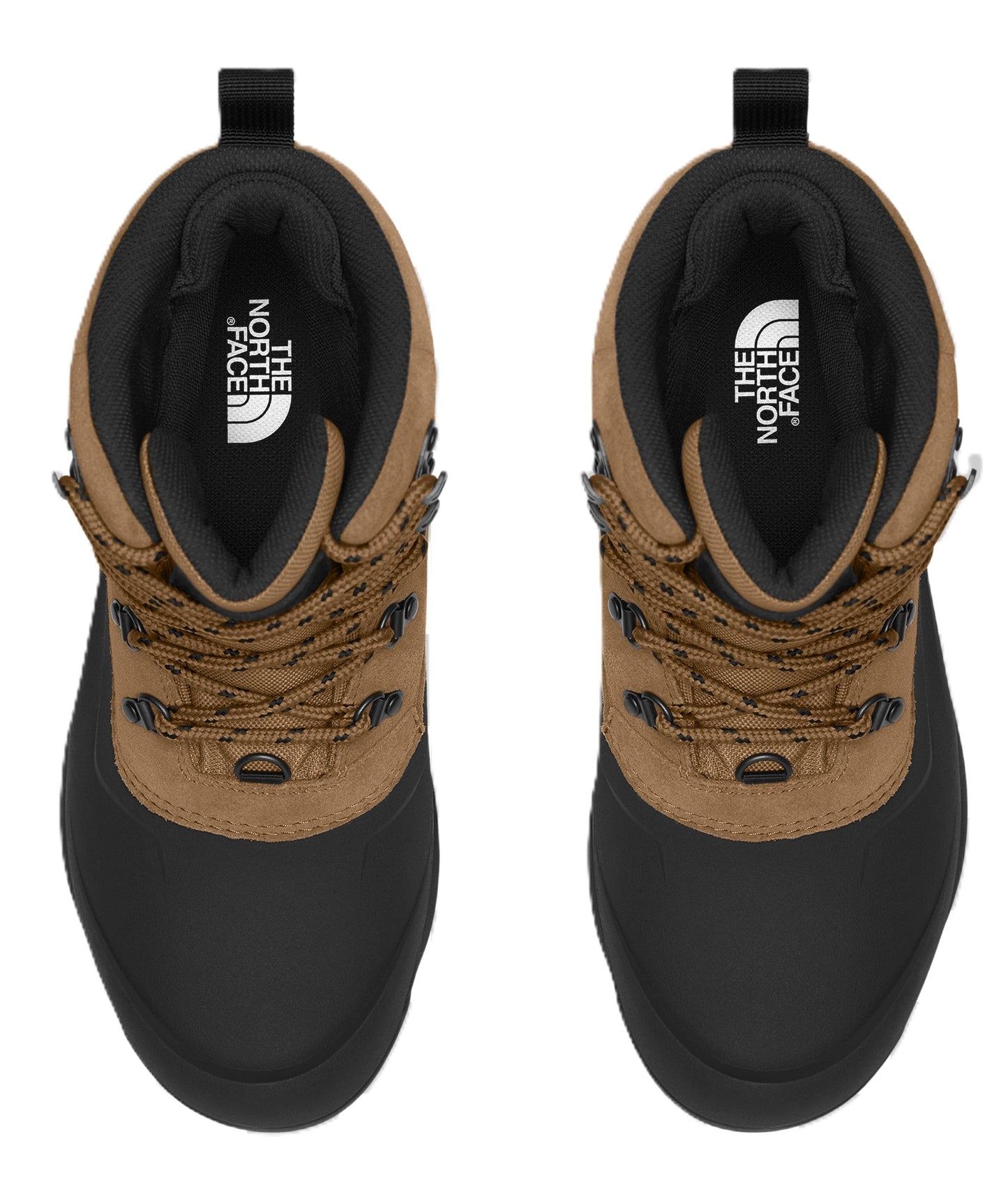 Overhead view of two hiking boots. The top is brown suede with a black interior. The bottom is black rubber with dark brown laces. The interior tongue features the text 'THE NORTH FACE'.
