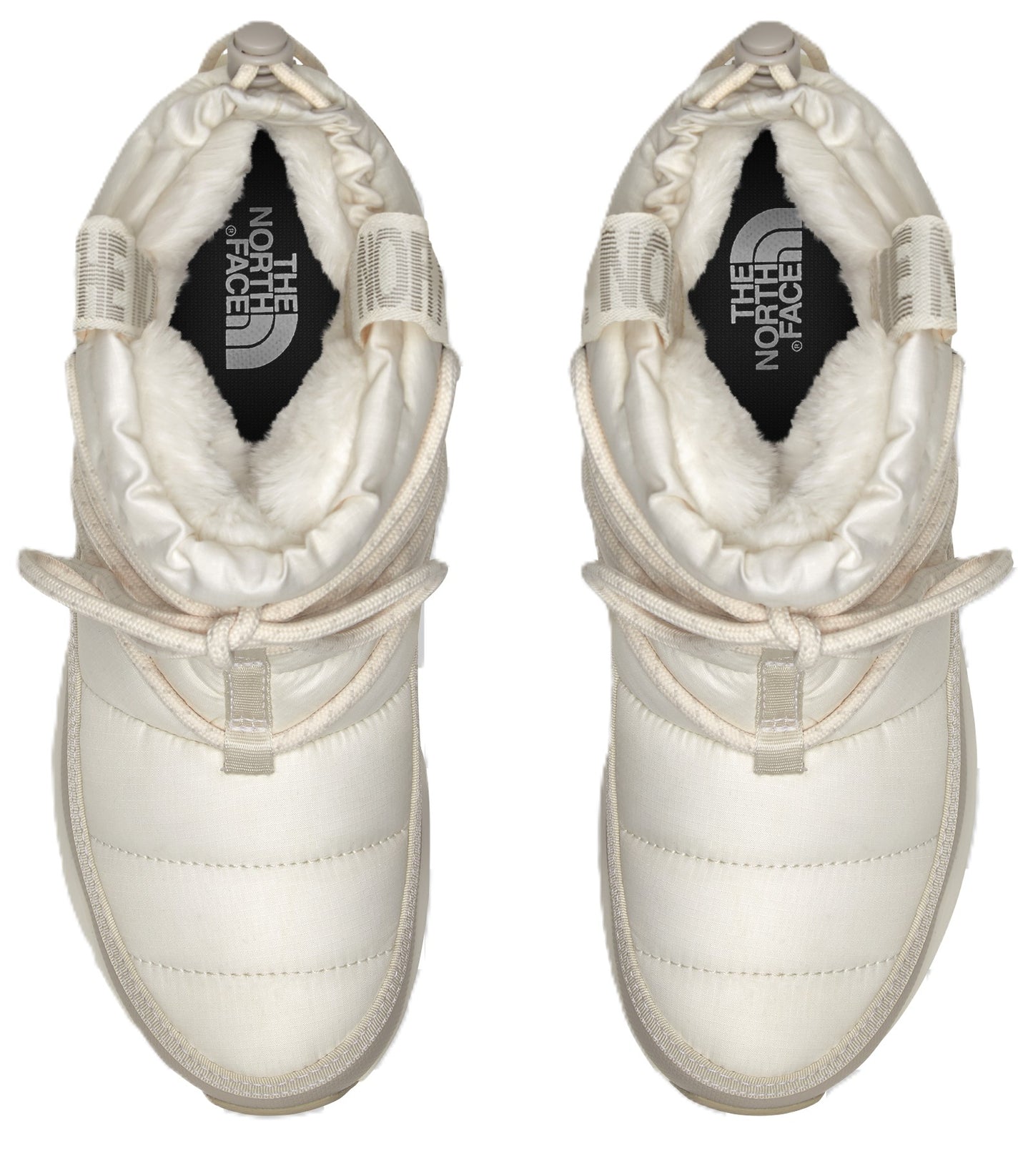 Pair of white, puffy, slipper-boots with white pull strings and white faux fur lining showing the logo THE NORTH FACE in the center of the insole.