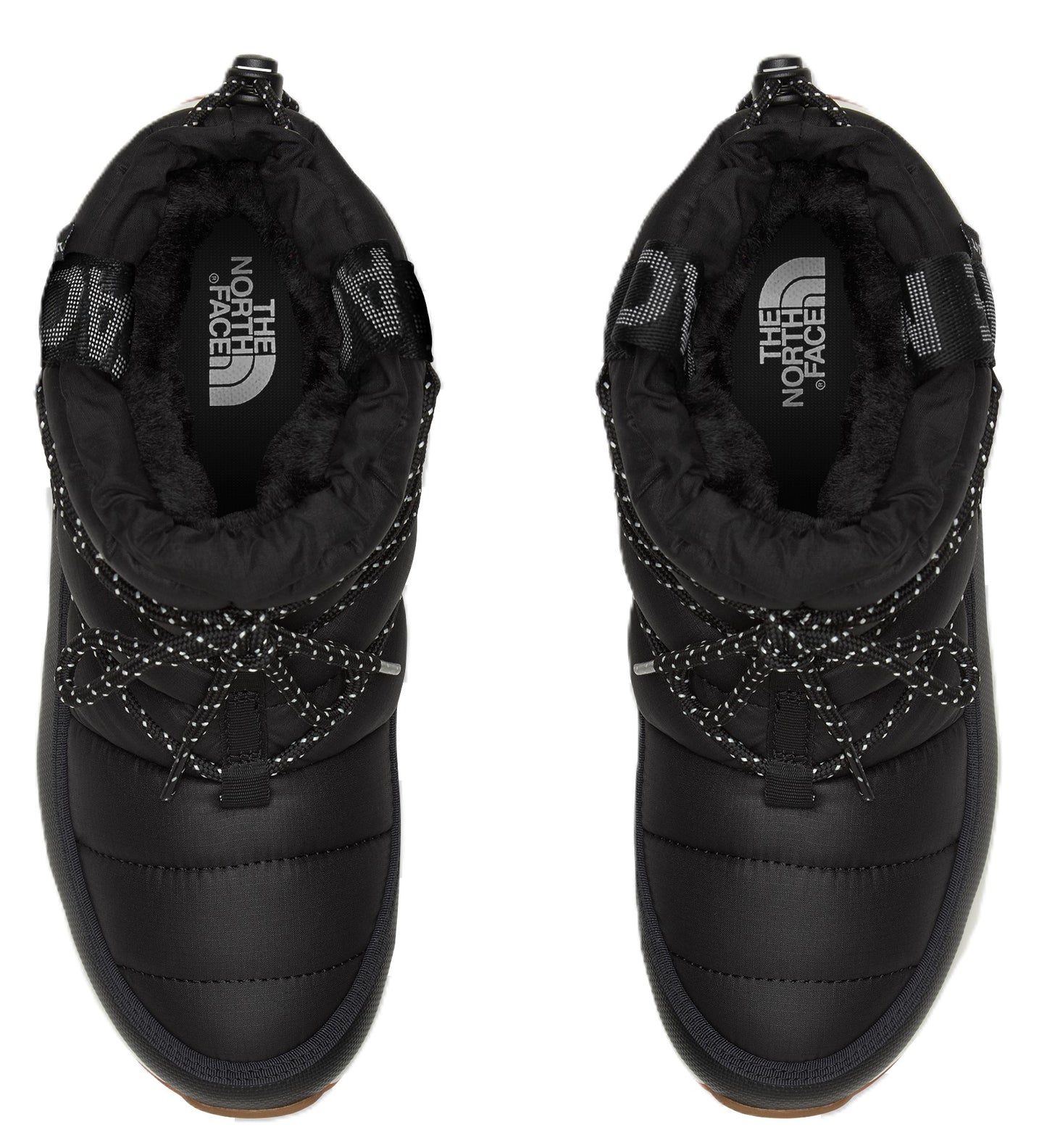 A pair of black, puffy, snow boots with a drawstring, and "The North Face" printed on the insole.