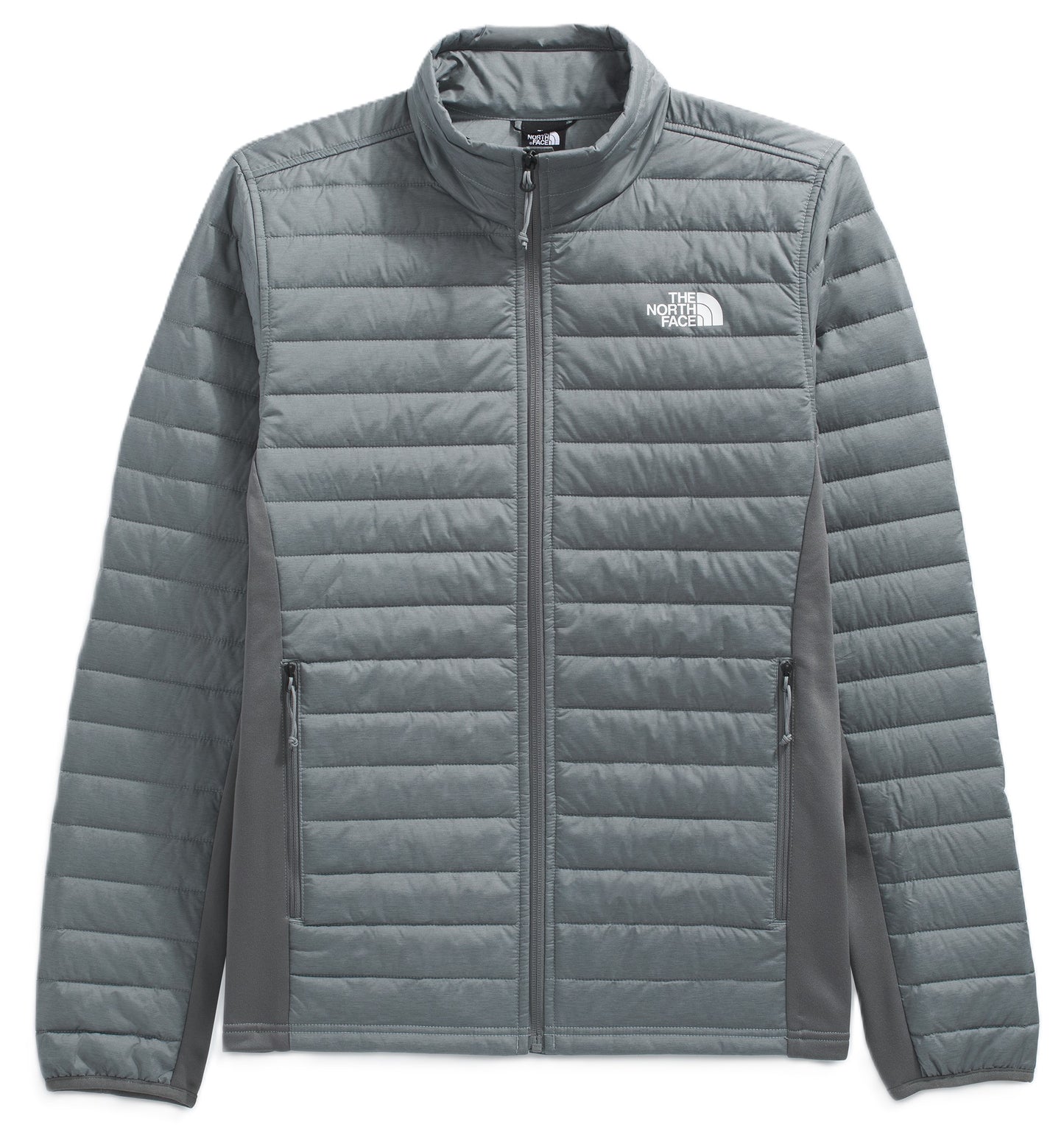 Grey puffer jacket with side zipper pockets, long sleeves, and a front zipper.