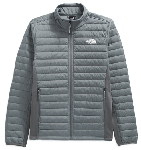 Grey puffer jacket with side zipper pockets, long sleeves, and a front zipper.