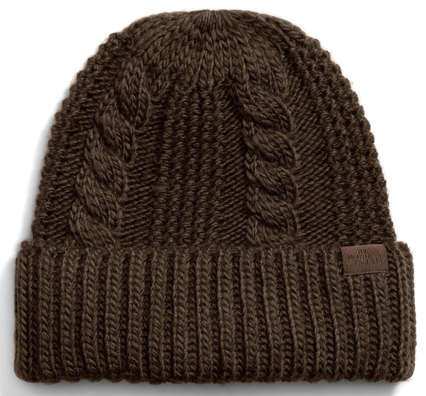 A dark brown cuffed knit beanie with a thick vertical ribbed brim and a braided cable knit pattern on the crown, featuring a small tonal branded tab on the side.