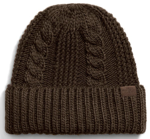 A dark brown cuffed knit beanie with a thick vertical ribbed brim and a braided cable knit pattern on the crown, featuring a small tonal branded tab on the side.