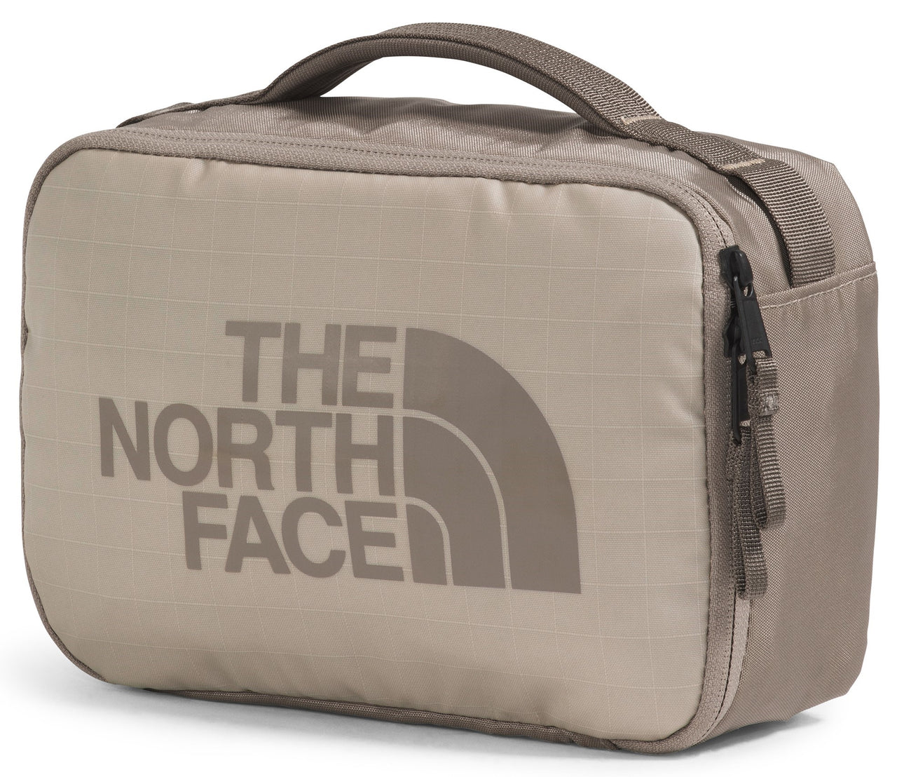 Tan toiletry bag with a handle and 'THE NORTH FACE' printed in large gray letters.
