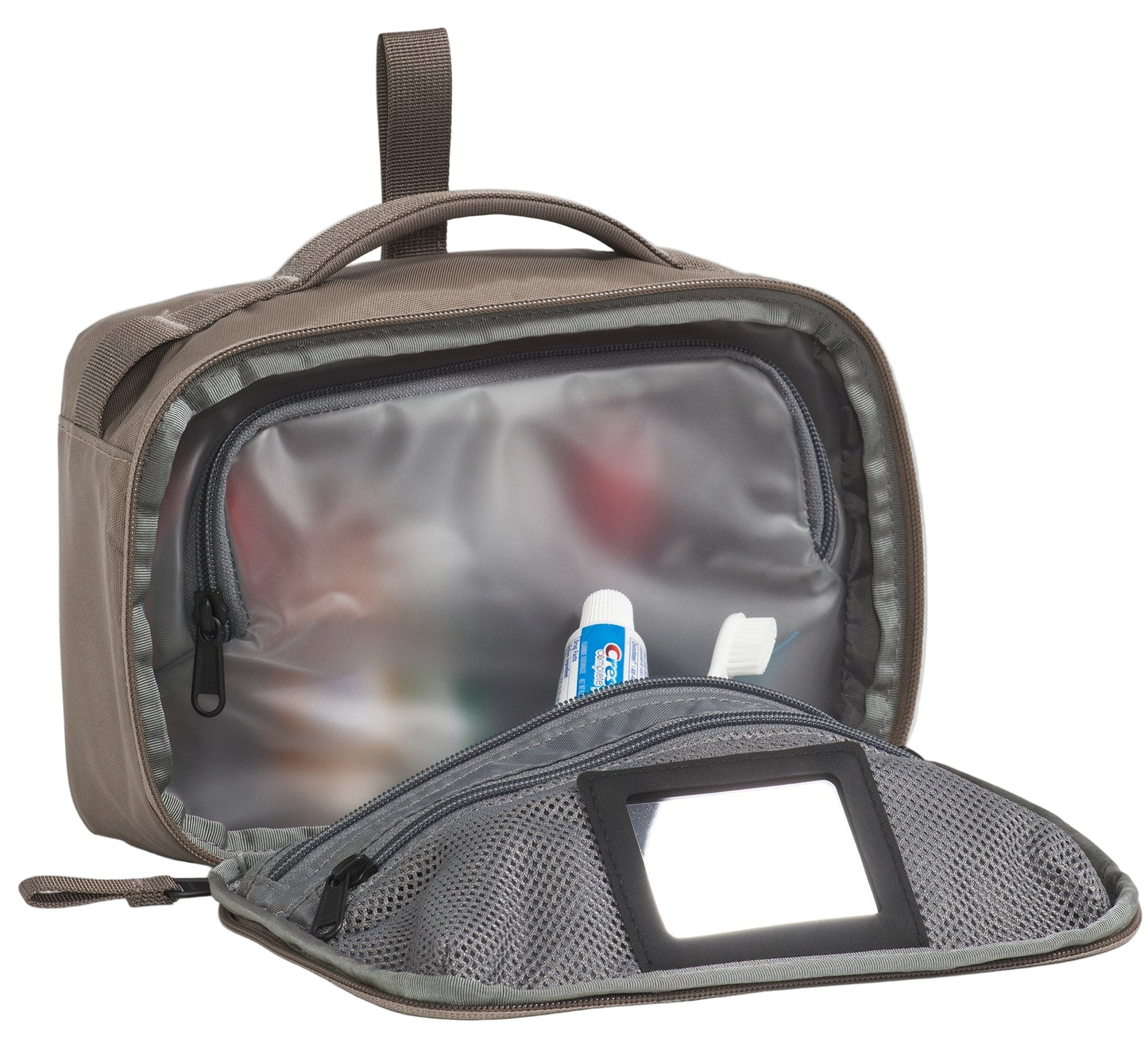 Open taupe toiletry bag with zippered mesh section, handle, and hanging loop, revealing a clear zippered inner pocket with toiletries.