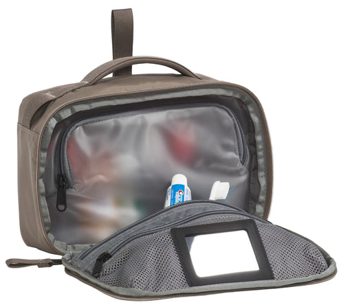 Open taupe toiletry bag with zippered mesh section, handle, and hanging loop, revealing a clear zippered inner pocket with toiletries.