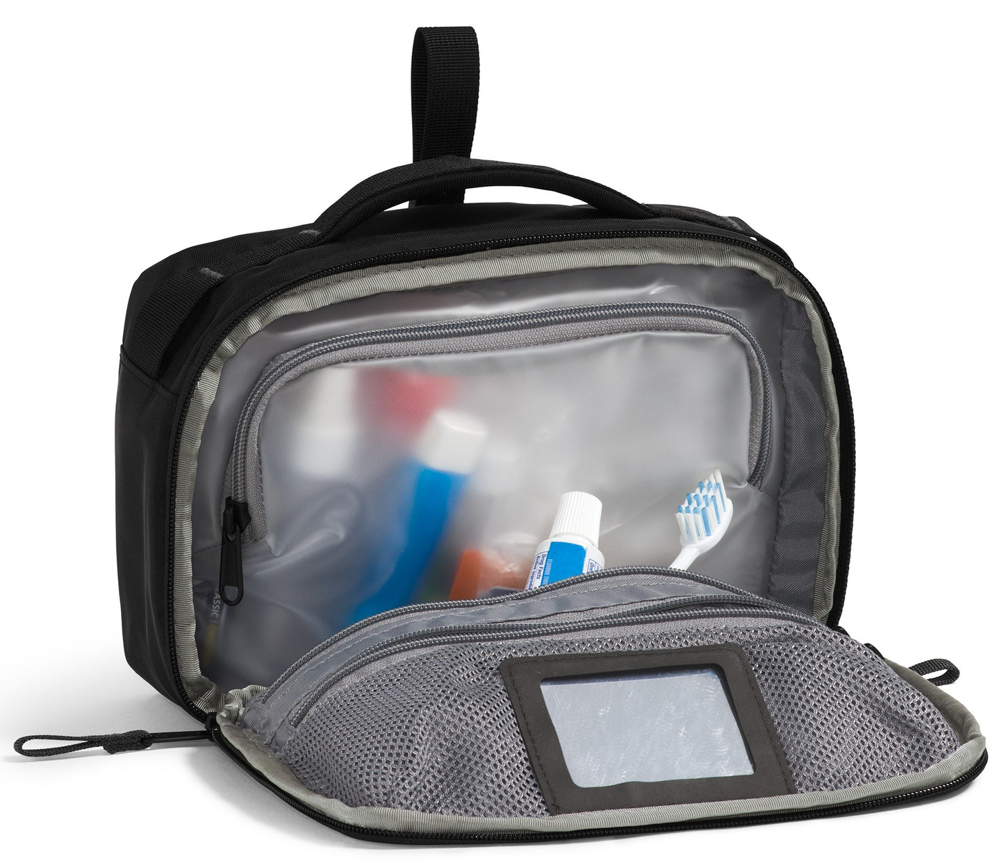 Open black toiletry bag revealing toothbrush, toothpaste, and other containers.