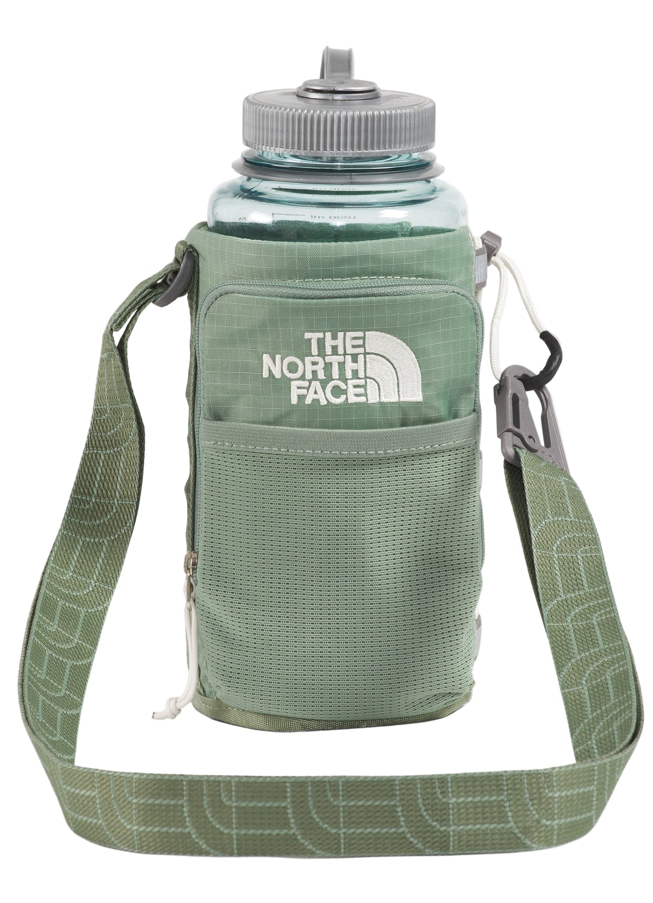 Green water bottle in a green carrier with a shoulder strap and the logo "THE NORTH FACE" on the front.