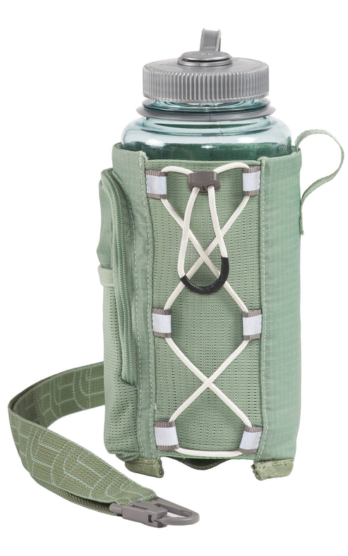 Light green water bottle in a matching carrier with a shoulder strap and a clear plastic bottle.
