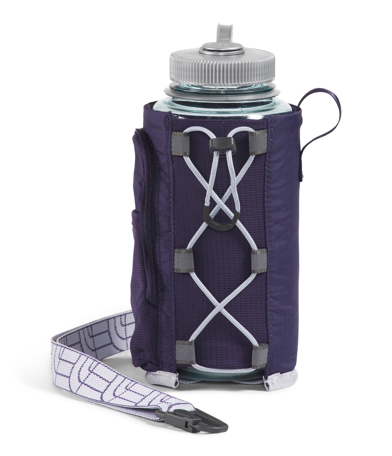 Water bottle with a navy blue insulator sleeve featuring bungee cord design, side pocket, carrying handle and white strap.