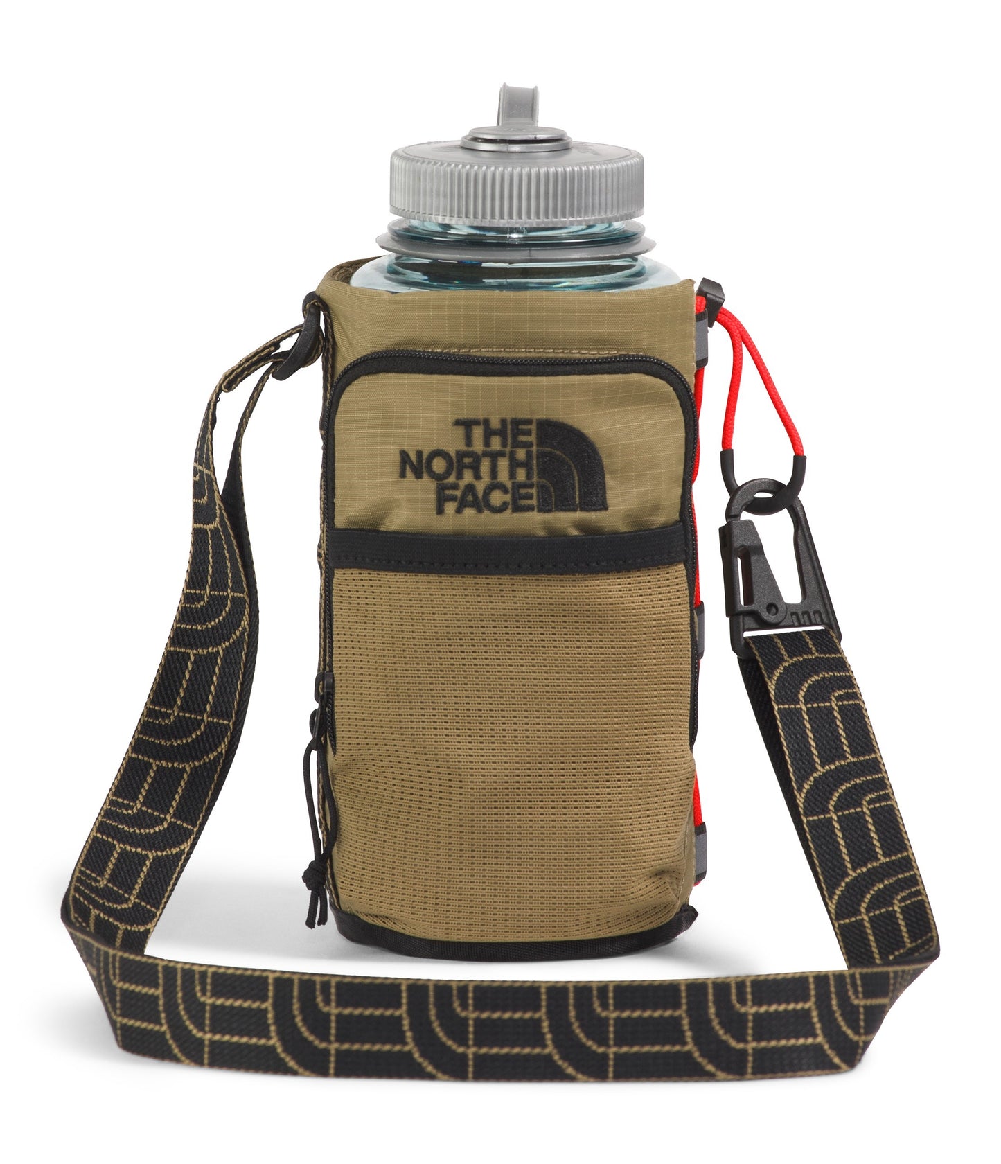 A tan water bottle carrier with black lettering, a black strap, and a clear water bottle.