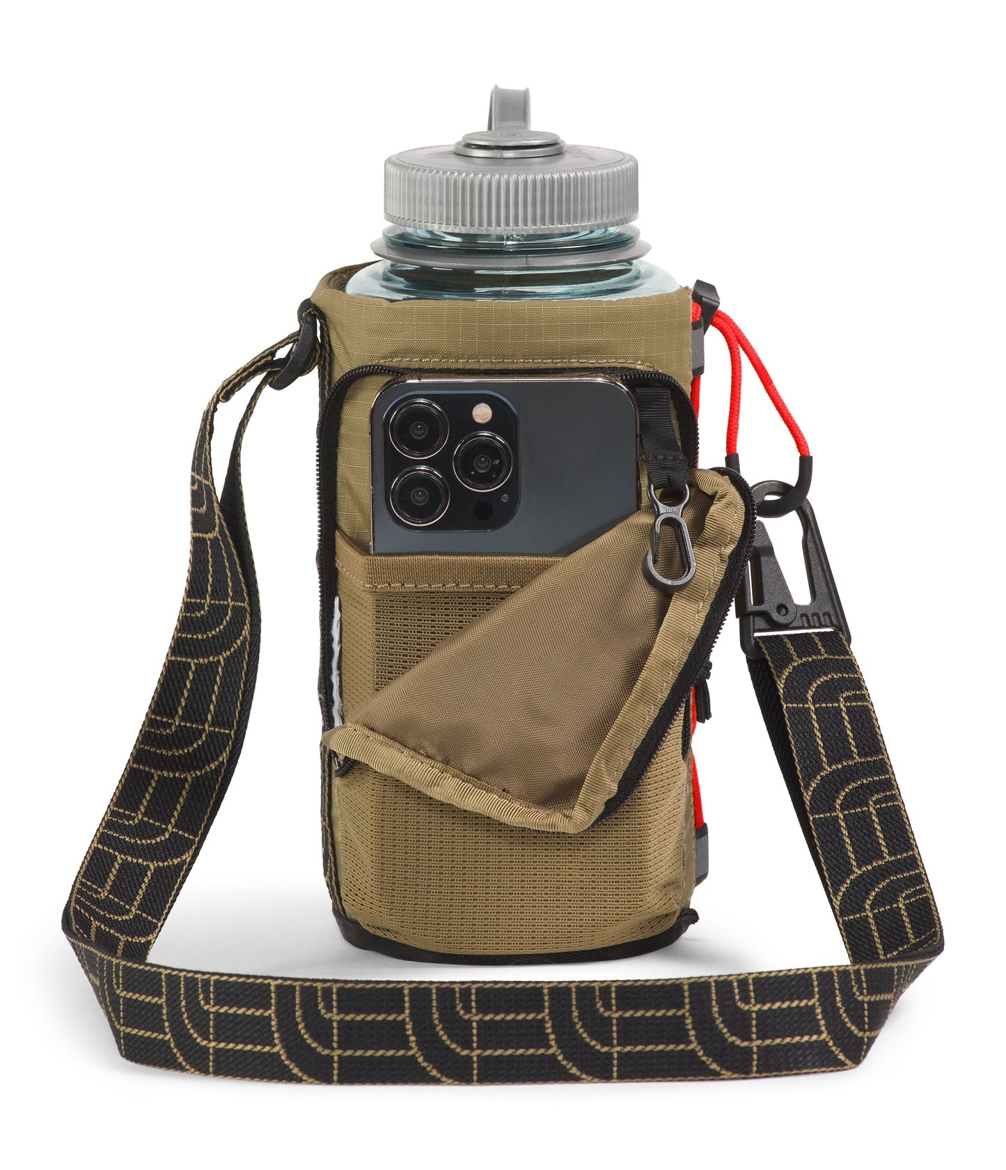Water bottle in a brown and black carrier with a phone in the side pocket, a strap, and a red drawstring.