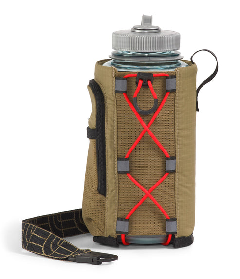 Water bottle in a tan sleeve with red cord design and a black strap.