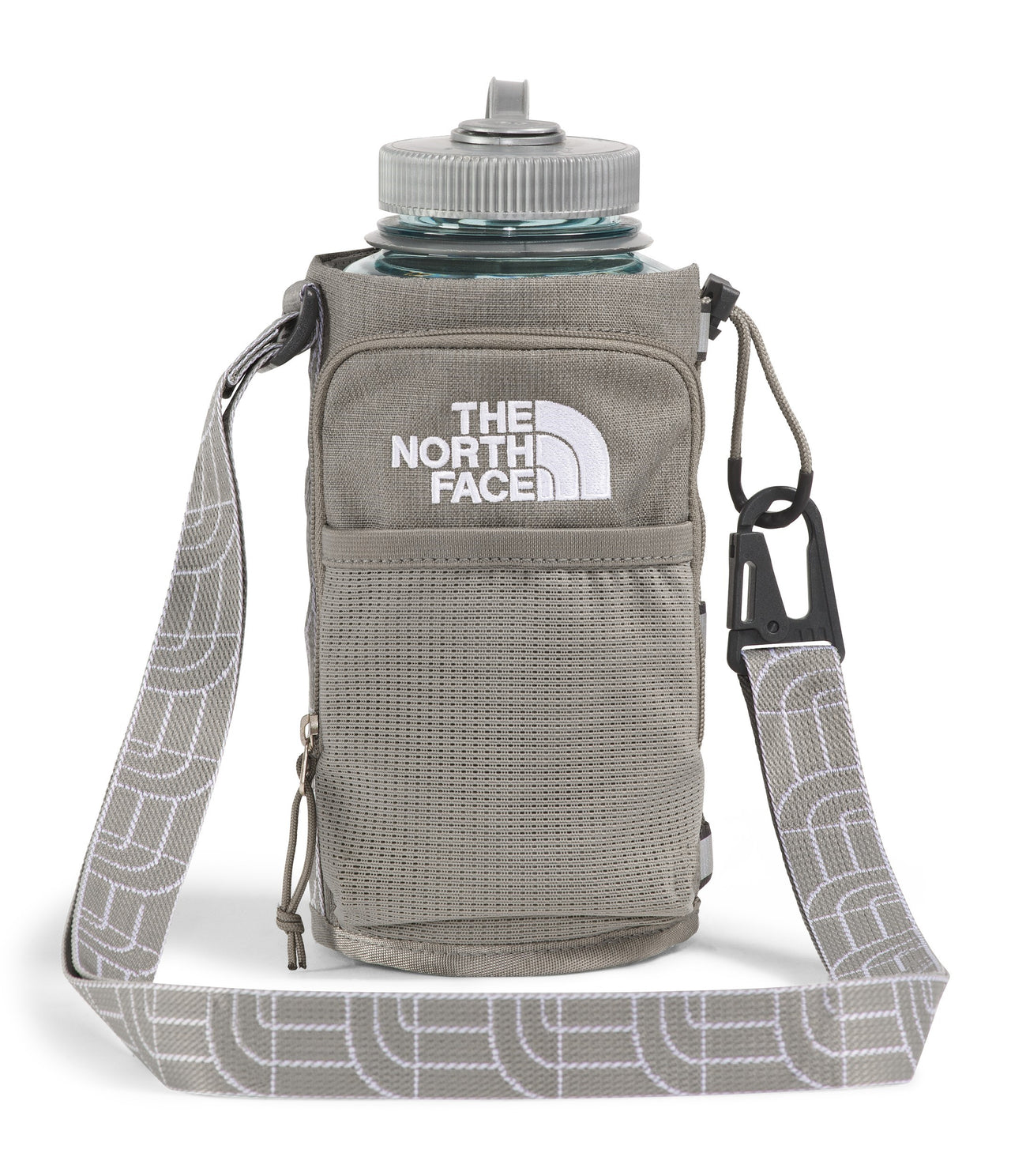 Gray water bottle inside a gray carrier with white THE NORTH FACE logo and patterned shoulder strap.