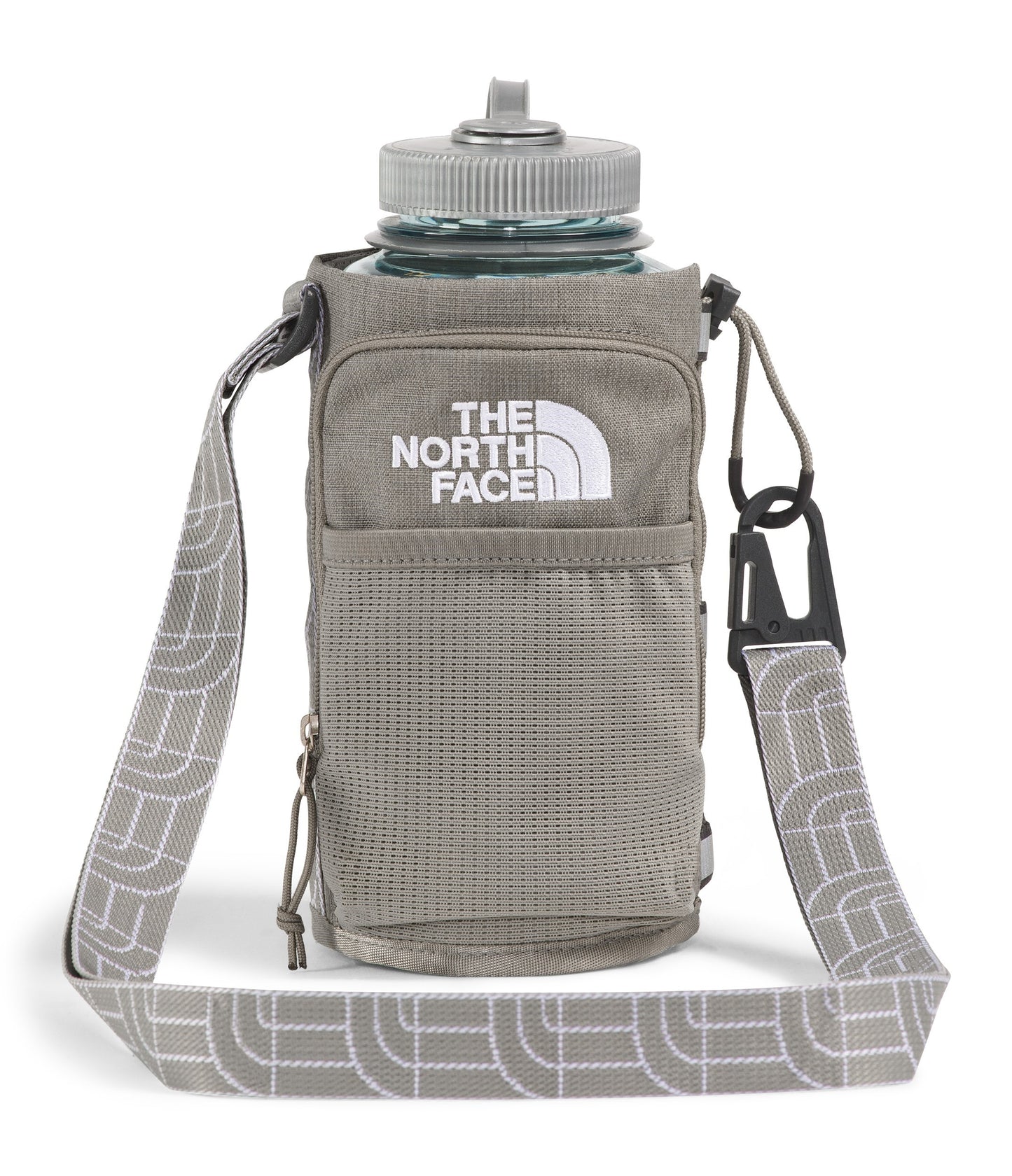 Gray water bottle inside a gray carrier with white THE NORTH FACE logo and patterned shoulder strap.