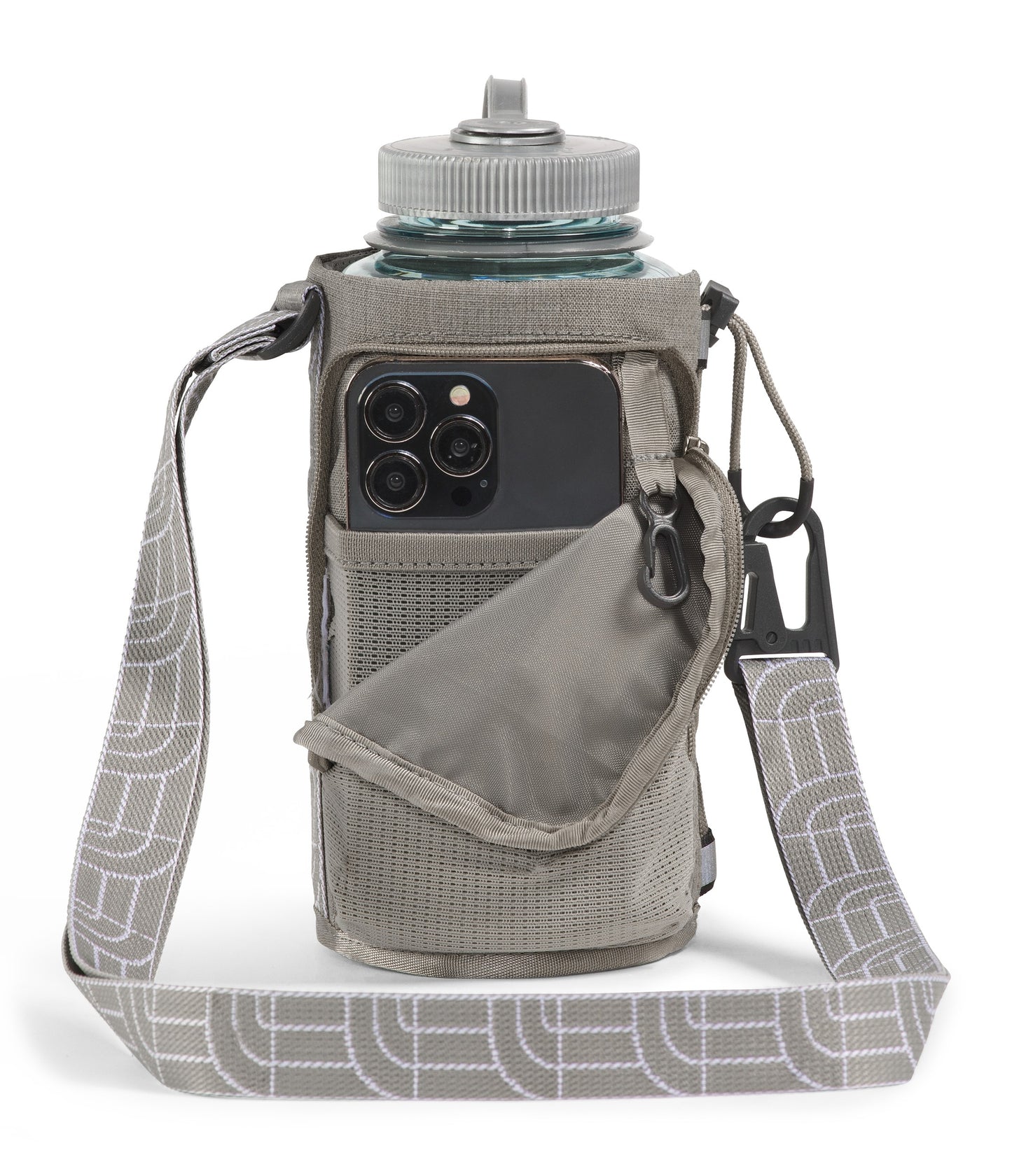 Gray water bottle holder with crossbody strap featuring a gray water bottle and black phone in pocket.
