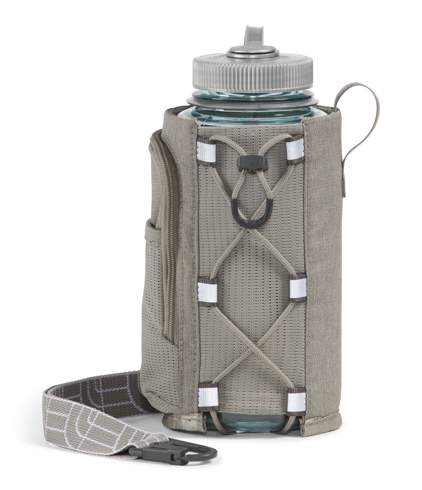 Gray water bottle holder with bottle inside and shoulder strap attached.