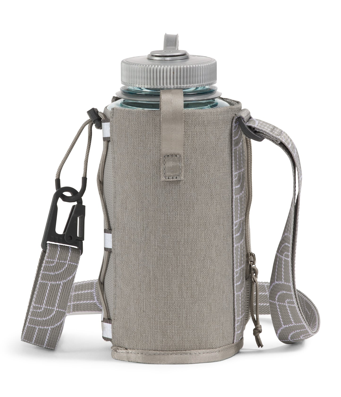 Reusable water bottle in a gray canvas sleeve with shoulder strap.
