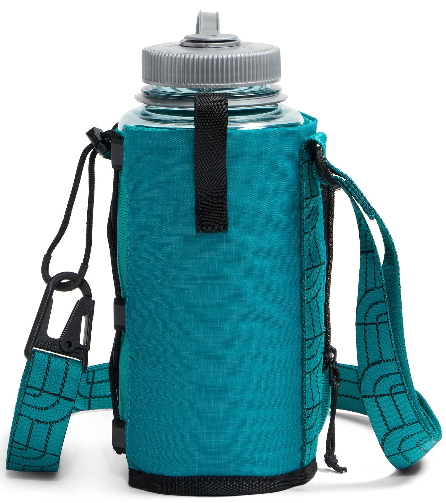 A teal, cylindrical water bottle carrier with a black bottom and black webbing accents, including a strap with a repeating line pattern, hanging on a black carabiner clip against a plain white background.