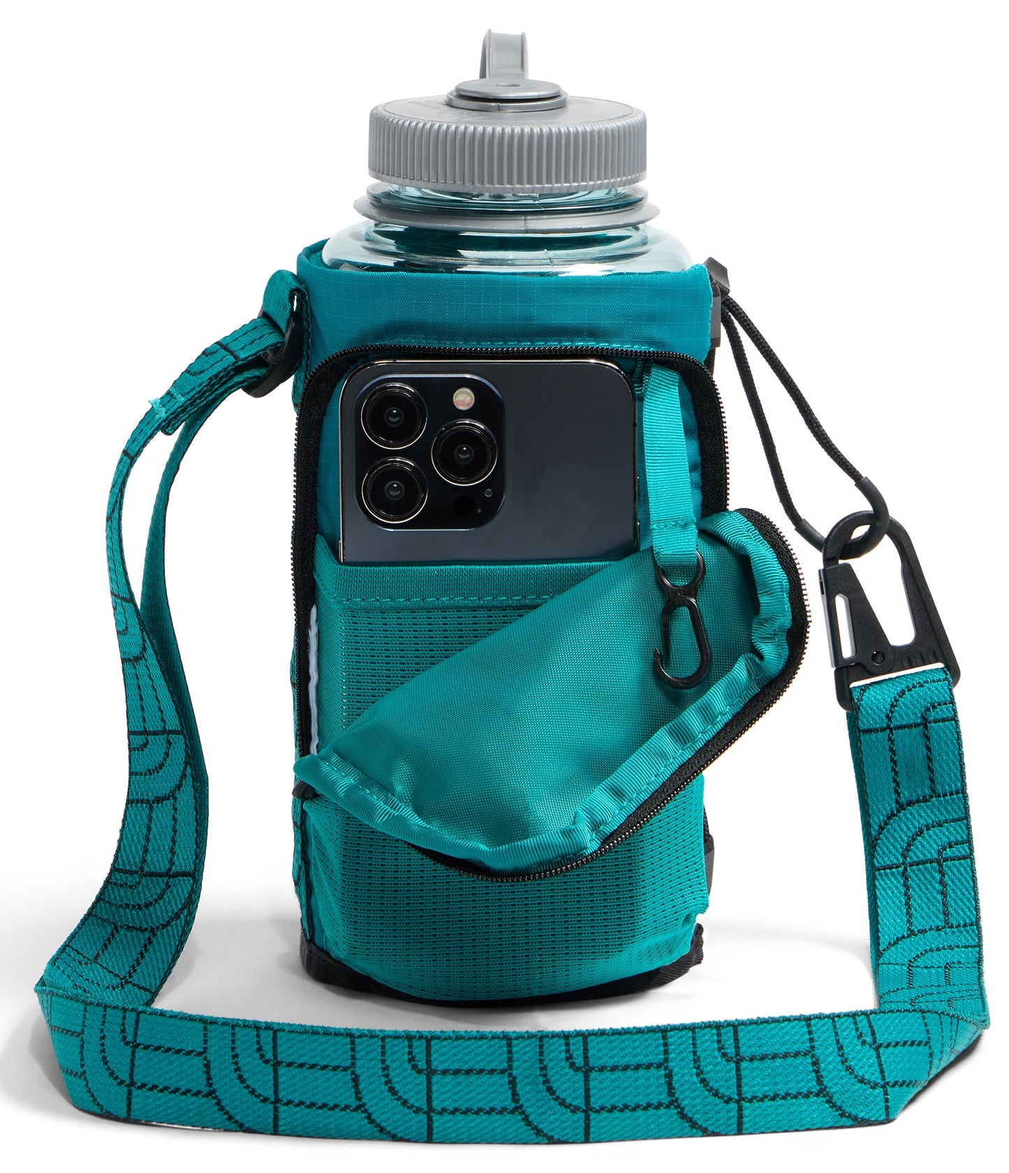 A teal water bottle carrying sleeve with an adjustable shoulder strap featuring a repeating line pattern, containing a clear water bottle with a grey lid and a dark smartphone held in an attached front pocket.