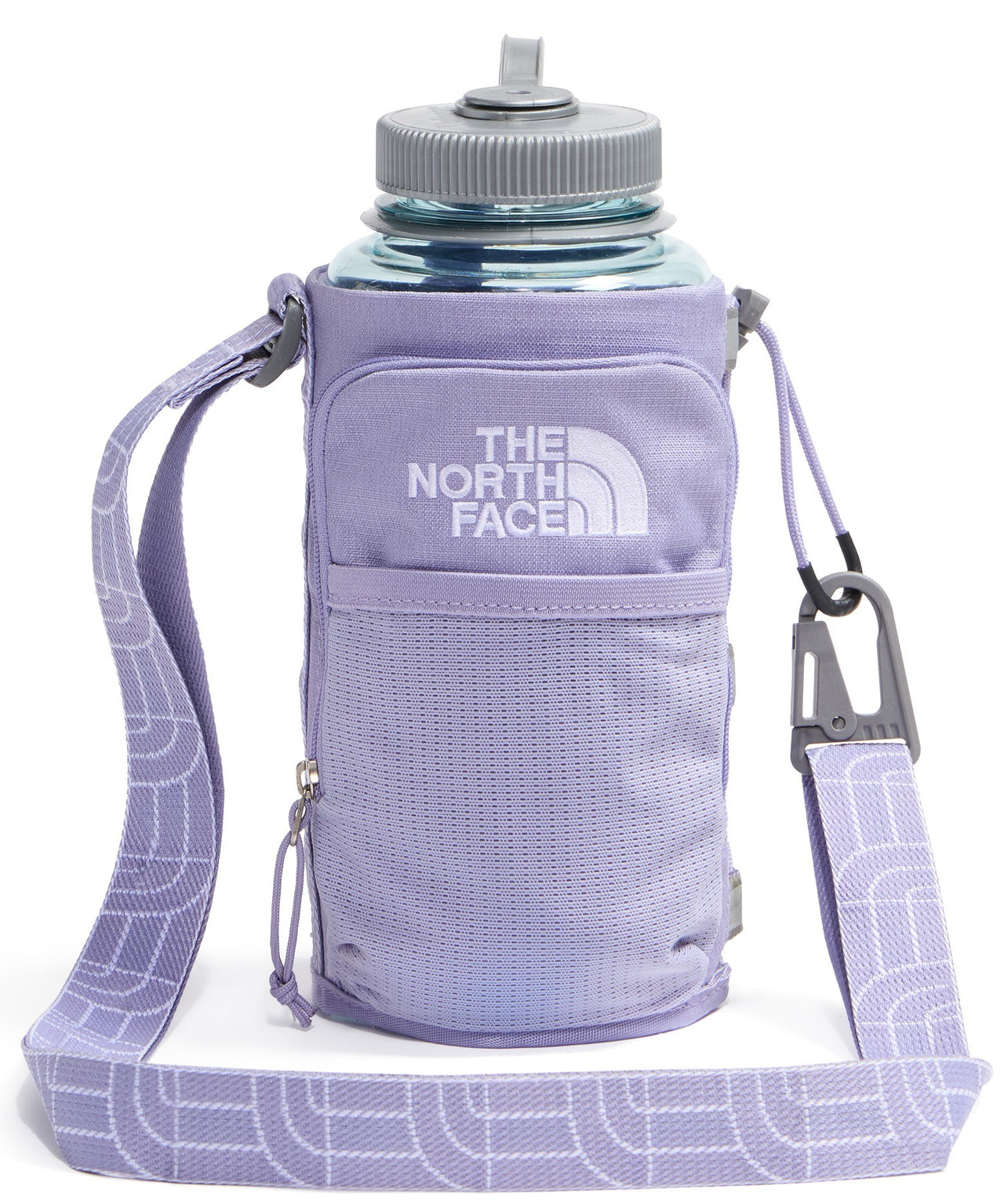 A light purple fabric water bottle holder with an adjustable, matching strap patterned with a repetitive geometric design, a grey carabiner, and a small front zipper pocket, carrying a clear water bottle with a grey cap.