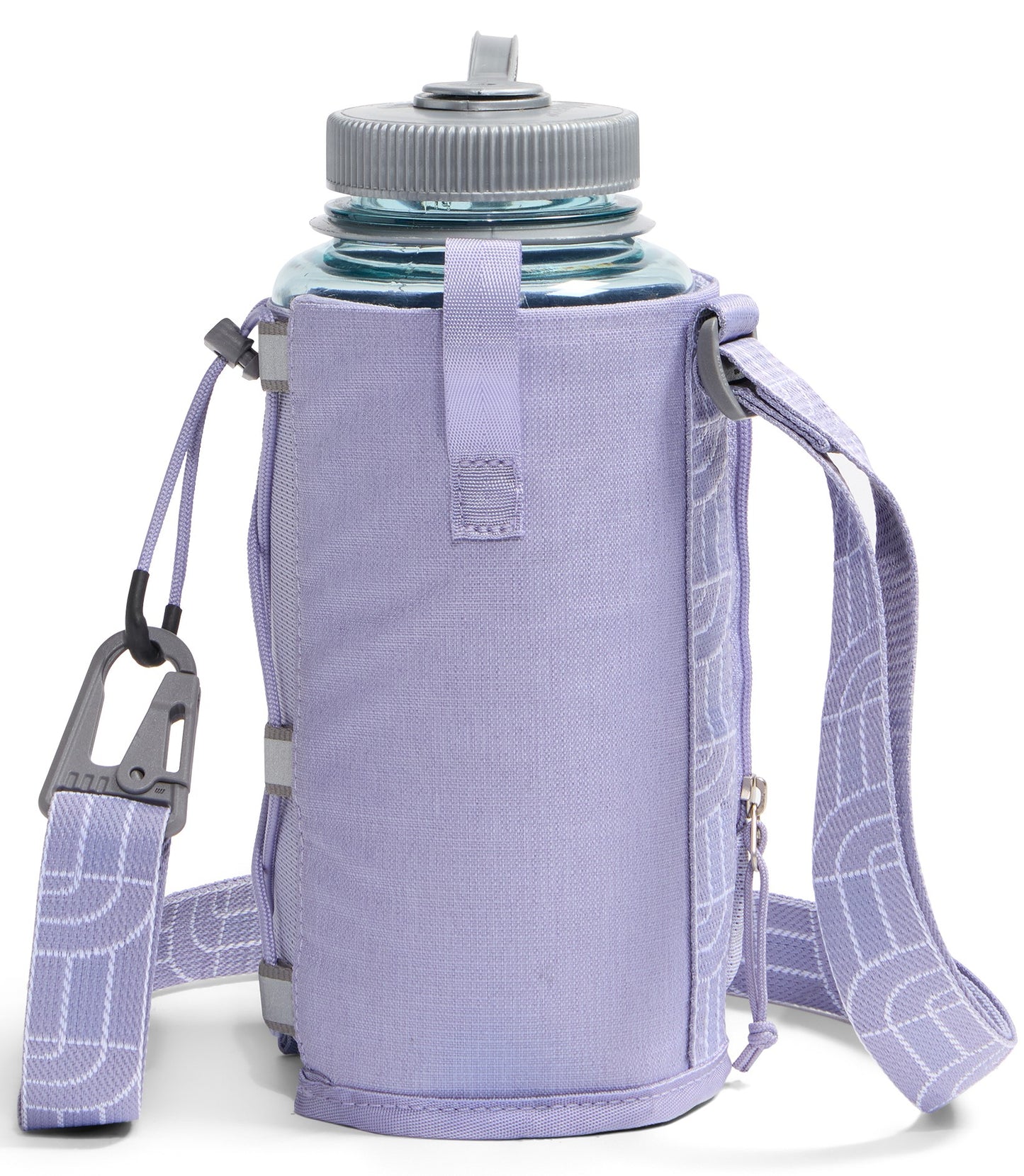 A light purple, cylindrical insulated bottle sleeve with a matching adjustable shoulder strap featuring a white geometric pattern. The sleeve has a side zipper, a gray carabiner attached to a cord on the left, and holds a clear water bottle with a gray screw-top cap.