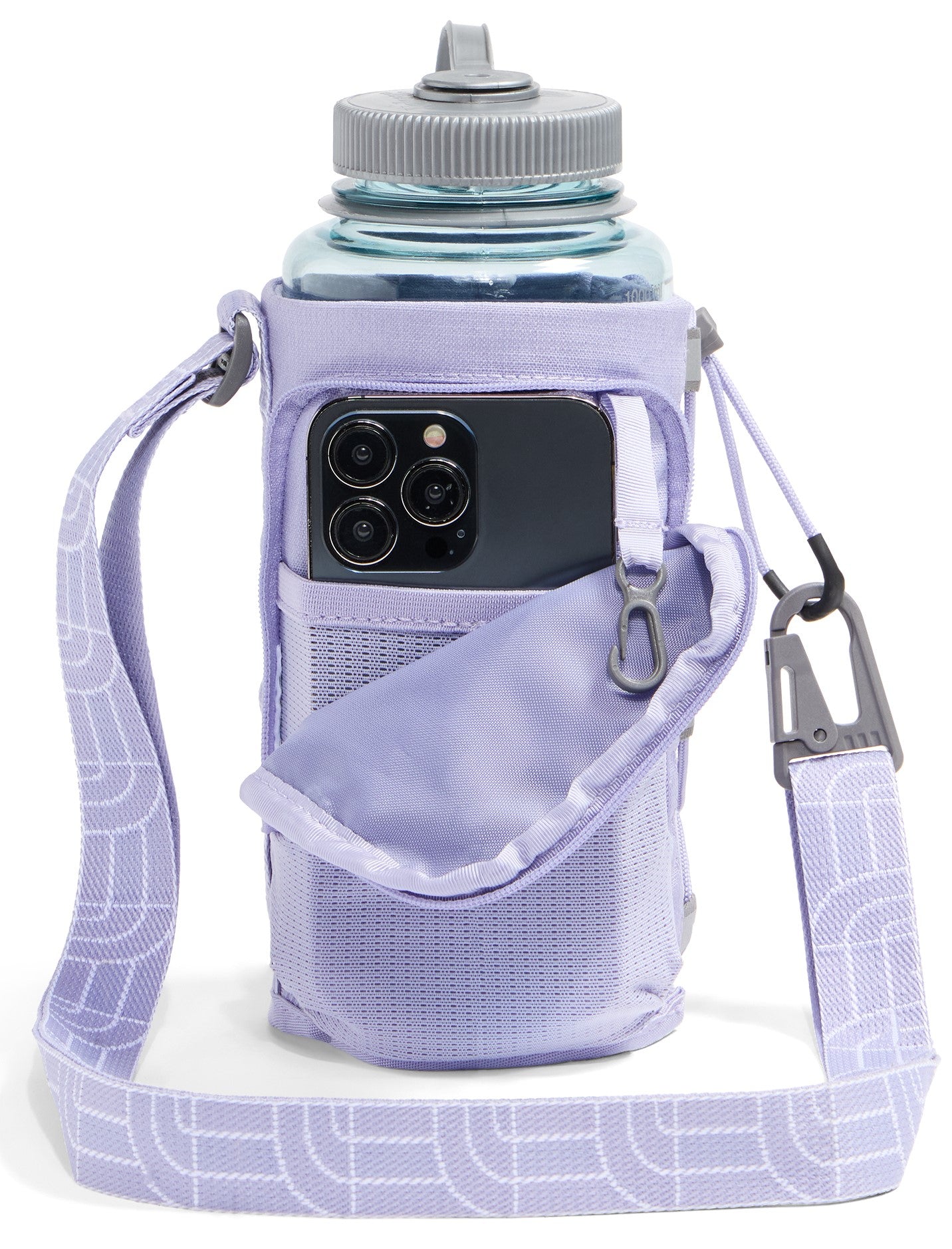 A light purple water bottle holder with a shoulder strap, featuring a front pouch that holds a smartphone and a small carabiner attached to the side.