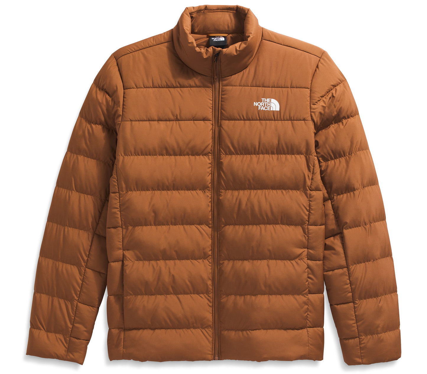 Puffer coat, light brown with white logo.