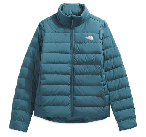 Teal puffer jacket with zipper and logo.