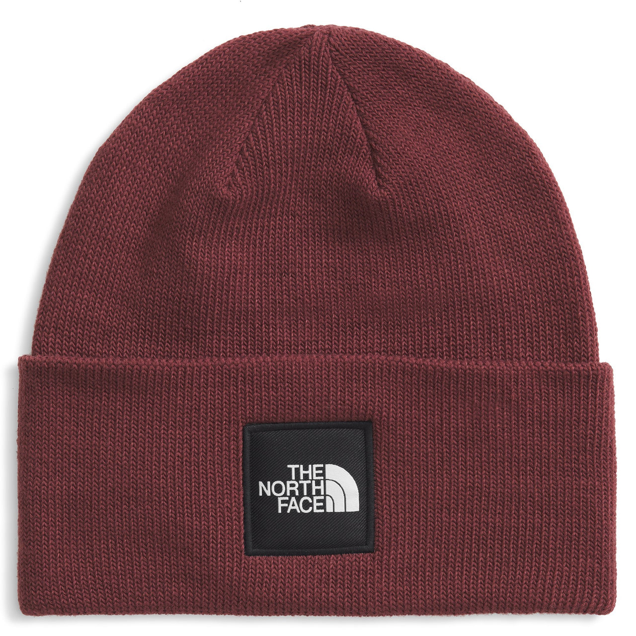 Burgundy beanie with a black square logo patch.