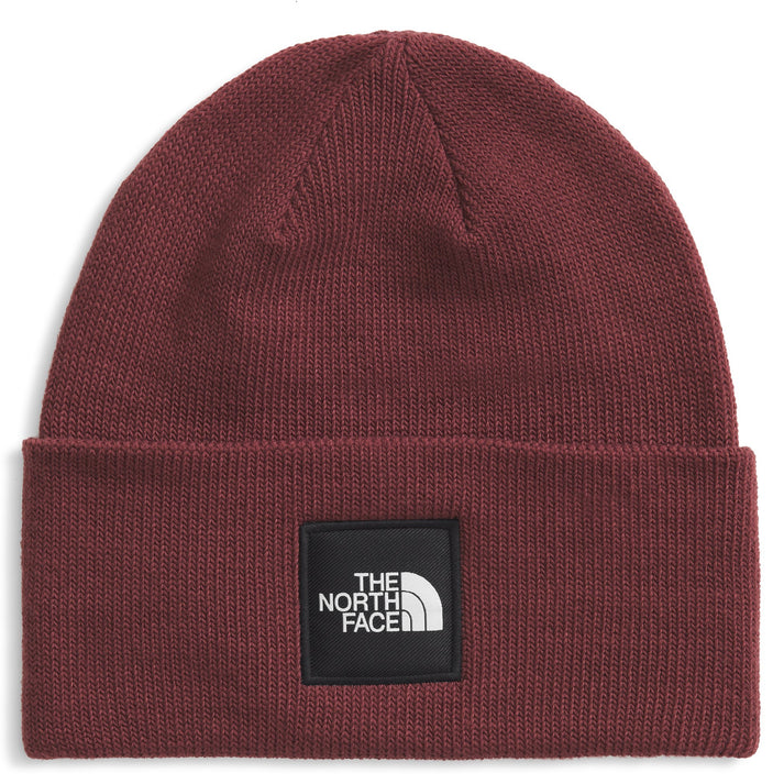 Burgundy beanie with a black square logo patch.