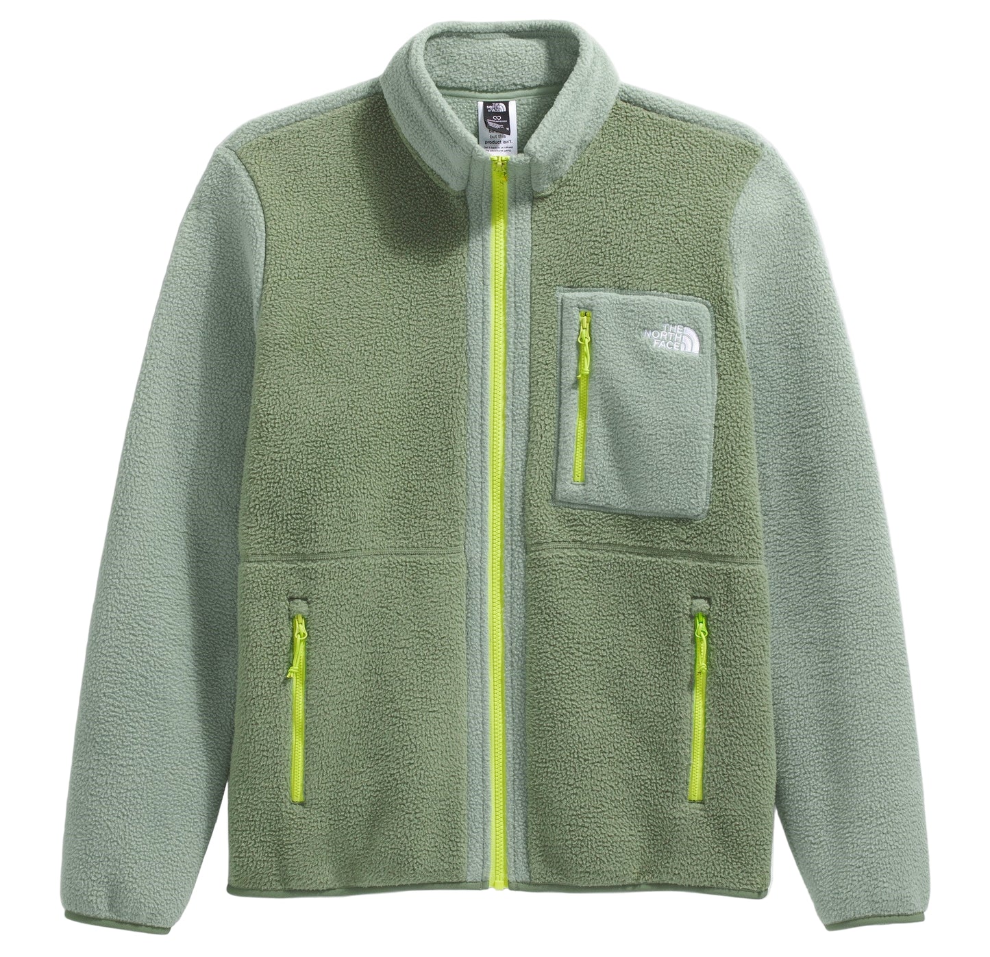Green fleece jacket with yellow zippers and chest pocket.