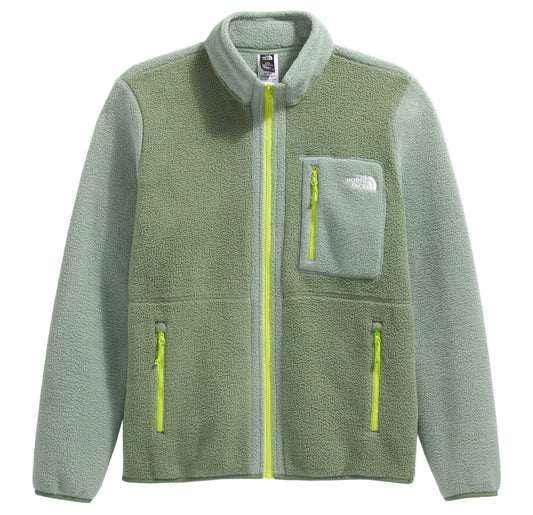 Green fleece jacket with yellow zippers and chest pocket.