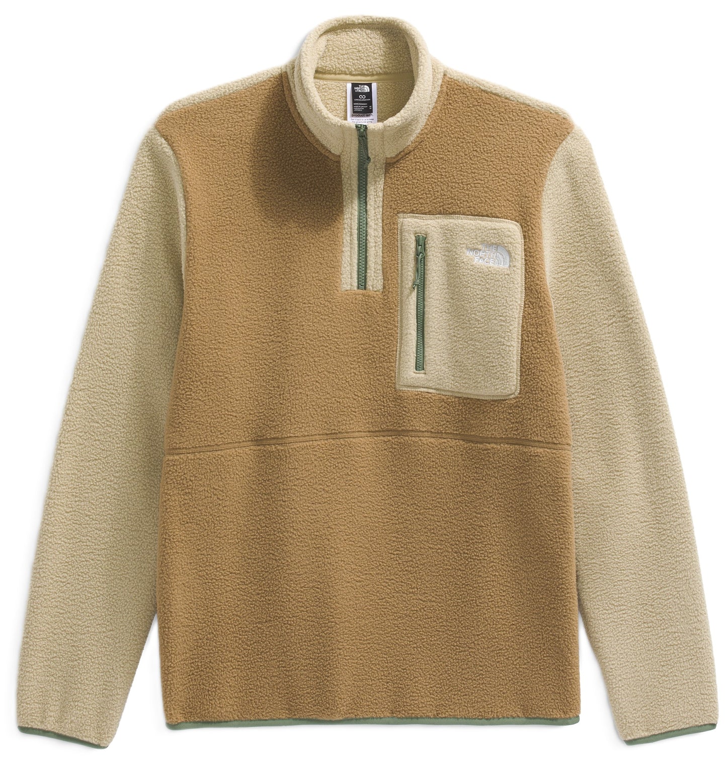 Tan and beige fleece pullover with a zippered chest pocket.