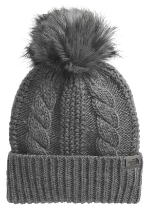 Gray knit beanie with faux fur pompom and cable knit pattern.